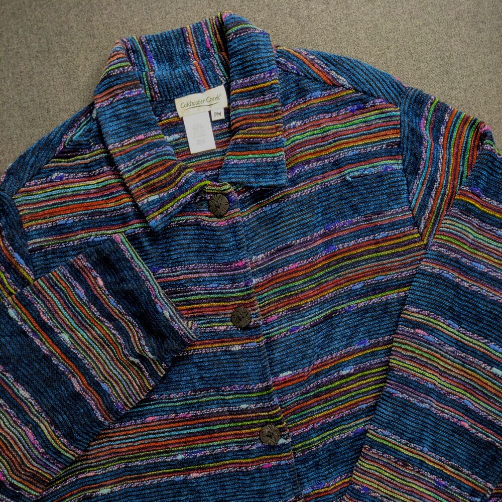 Vtg Coldwater Creek Petite Medium Jacket Blue Multicolor Chenille Striped Artsy